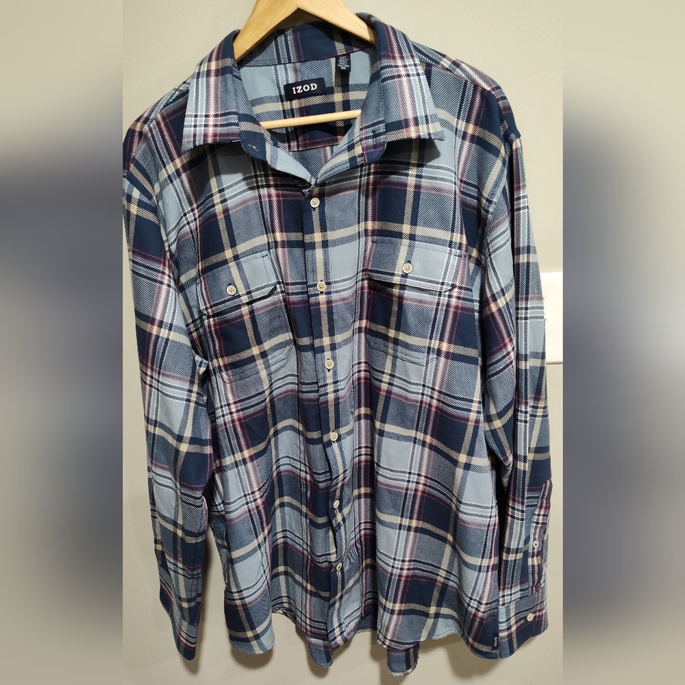 Izod Men's XXL Plaid Long Sleeve Button-Down Flannel Shirt, Blue/Red/Tan/White - Picture 1 of 7